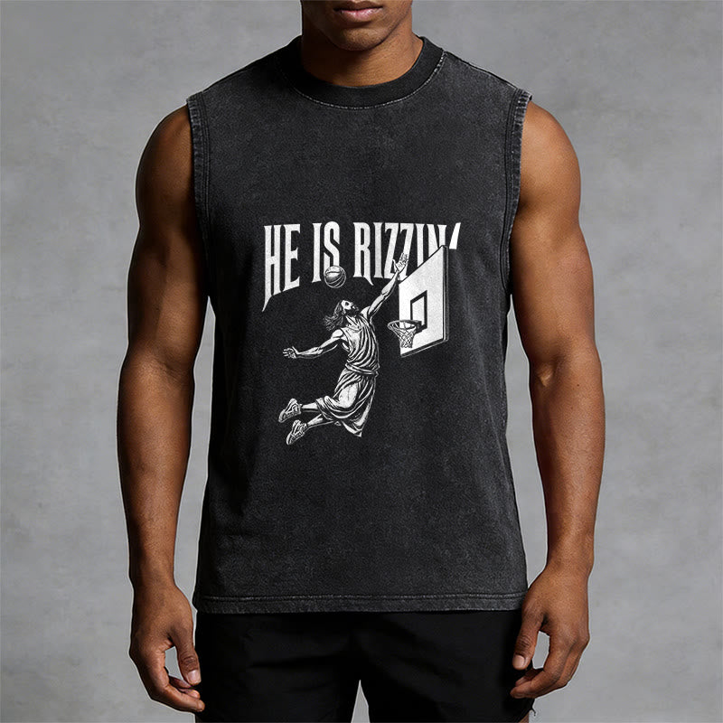 Christianartworkshop He Is Rizzin' Jesus Basketball Unisex Washed Tank Top - image 7