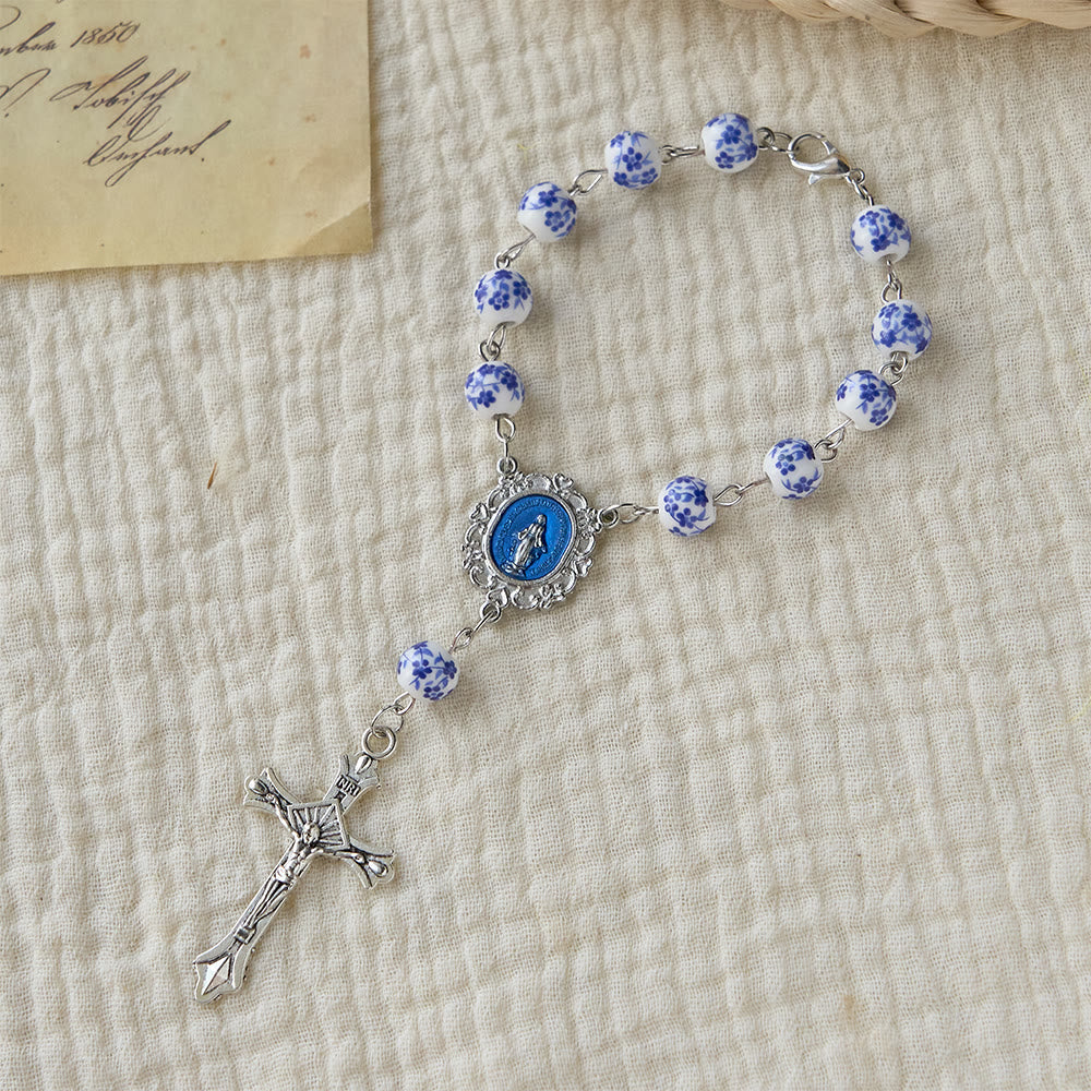 Christianartworkshop Blue Flower Ceramic Auto Rosary: A Symbol of Marian Protection for Car - Blue and White (with 8cm extension chain) - image 0