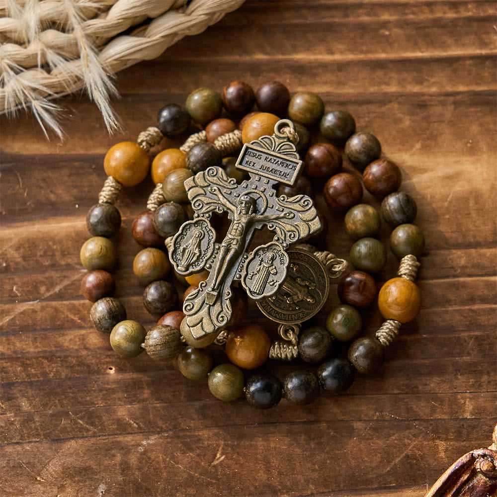 Christianartworkshop Sandalwood Beads Rosary with St. Benedict & Crucifix: Bronze Medallion Design - image 3