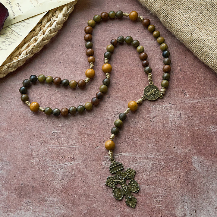 Christianartworkshop Sandalwood Beads Rosary with St. Benedict & Crucifix: Bronze Medallion Design - image 2