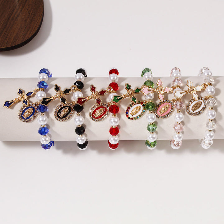 Christianartworkshop Marian Medallion Beaded Bracelet: Our Lady Accents & Enamel Cross Charm - image 1