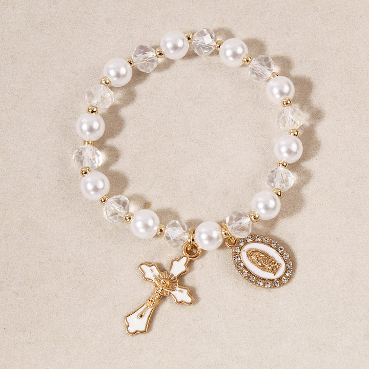 Christianartworkshop Marian Medallion Beaded Bracelet: Our Lady Accents & Enamel Cross Charm - White - image 2