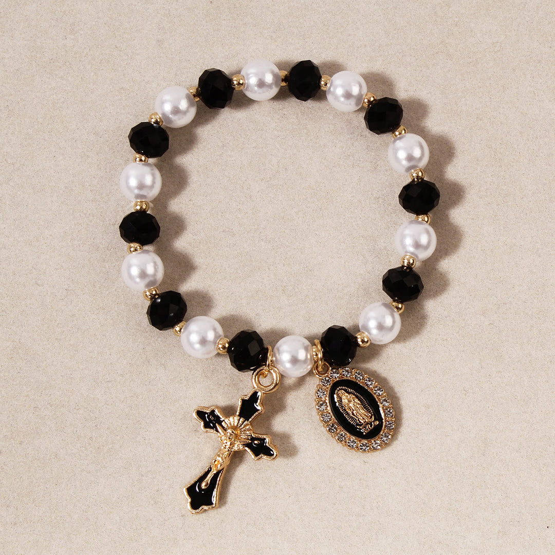 Christianartworkshop Marian Medallion Beaded Bracelet: Our Lady Accents & Enamel Cross Charm - Black - image 3