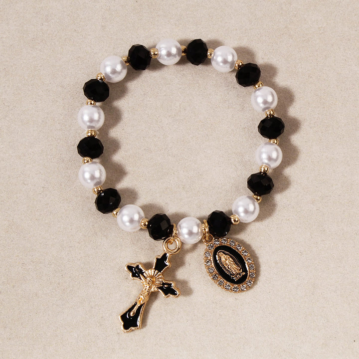 Christianartworkshop Marian Medallion Beaded Bracelet: Our Lady Accents & Enamel Cross Charm - Black - image 3