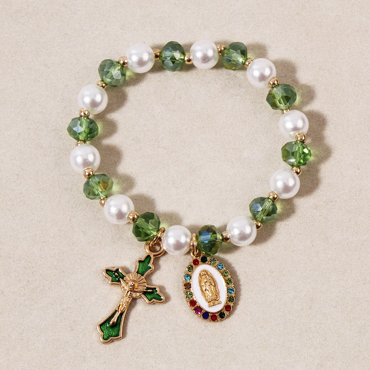 Christianartworkshop Marian Medallion Beaded Bracelet: Our Lady Accents & Enamel Cross Charm - Green - image 0