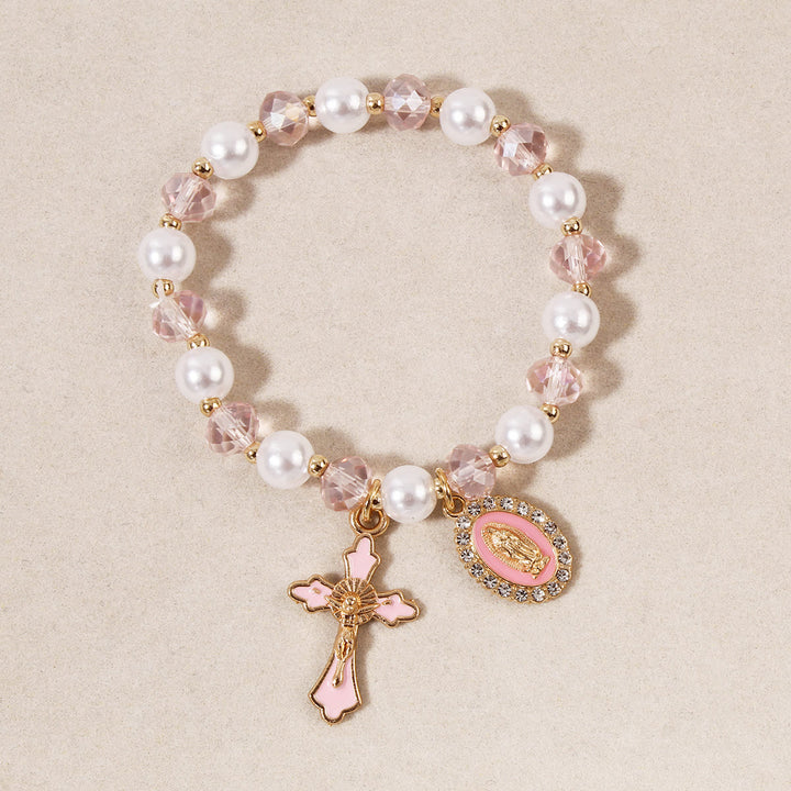 Christianartworkshop Marian Medallion Beaded Bracelet: Our Lady Accents & Enamel Cross Charm - Pink - image 4