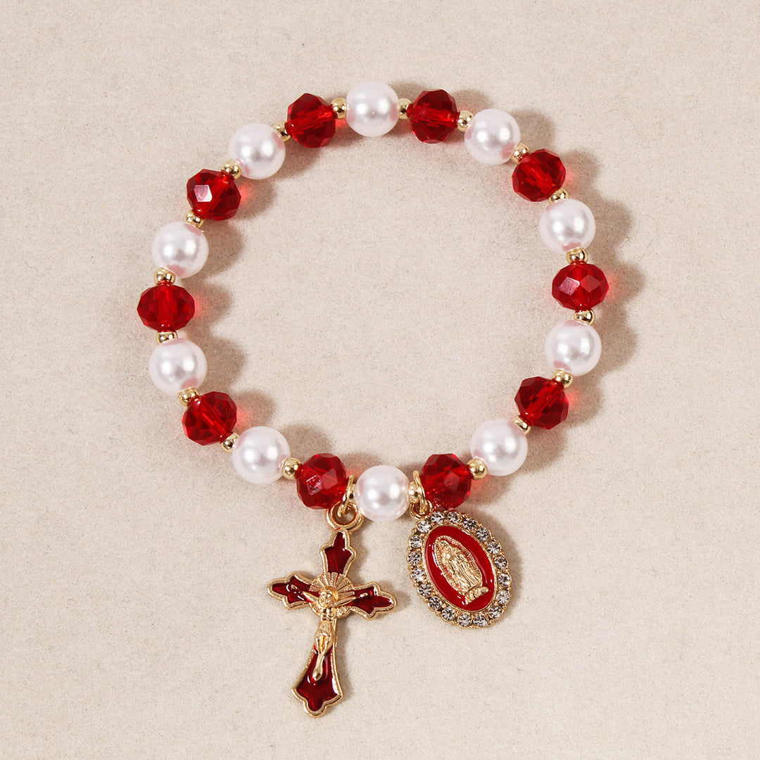 Christianartworkshop Marian Medallion Beaded Bracelet: Our Lady Accents & Enamel Cross Charm - Red - image 5