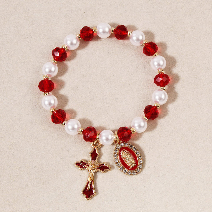 Christianartworkshop Marian Medallion Beaded Bracelet: Our Lady Accents & Enamel Cross Charm - Red - image 5