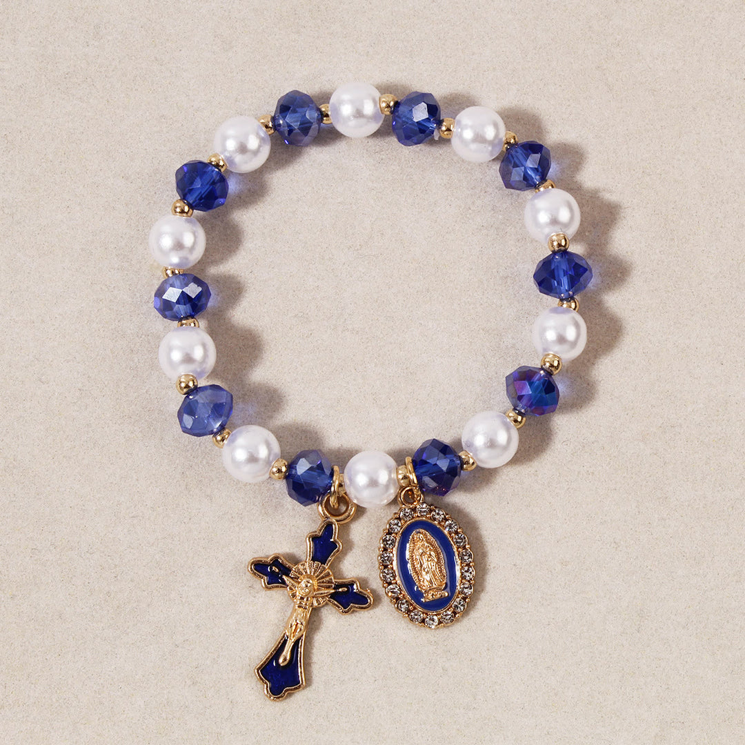 Christianartworkshop Marian Medallion Beaded Bracelet: Our Lady Accents & Enamel Cross Charm - Blue - image 6