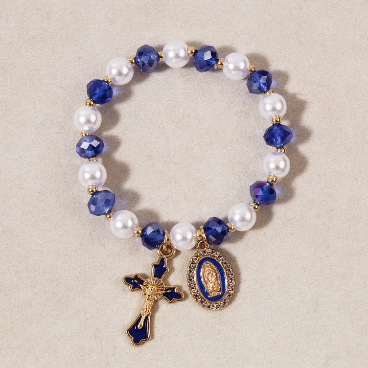 Christianartworkshop Marian Medallion Beaded Bracelet: Our Lady Accents & Enamel Cross Charm - Blue - image 6