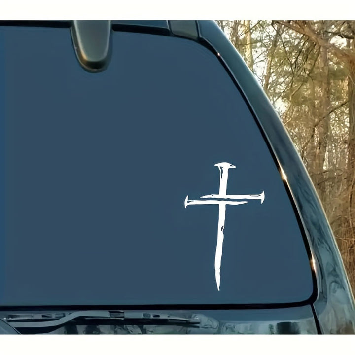 Christianartworkshop Distressed Cross Vinyl Sticker: Weather-Resistant for Car Window Display - Silver White - image 3