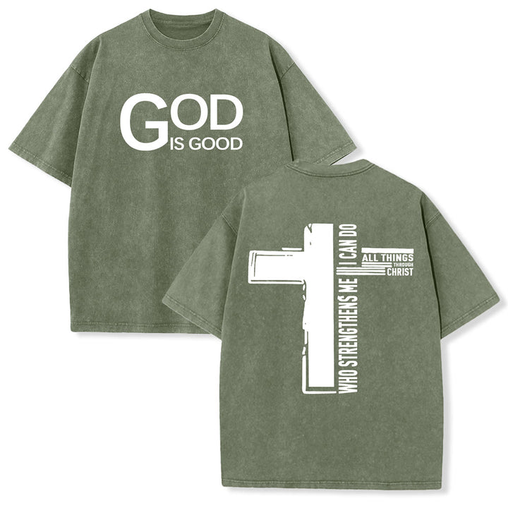 Christianartworkshop God Is Good Philippians 4:13 Cross Unisex Washed T-Shirt - Army Green - 5XL - image 9