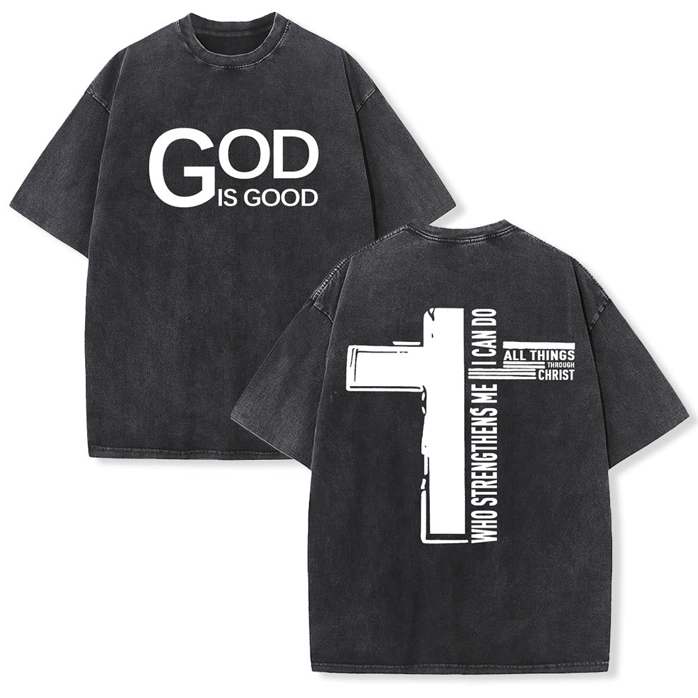 Christianartworkshop God Is Good Philippians 4:13 Cross Unisex Washed T-Shirt - Black - 5XL - image 0