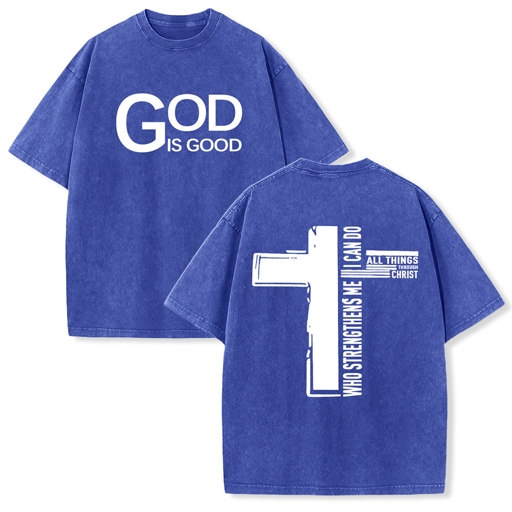 Christianartworkshop God Is Good Philippians 4:13 Cross Unisex Washed T-Shirt - Blue - 5XL - image 18