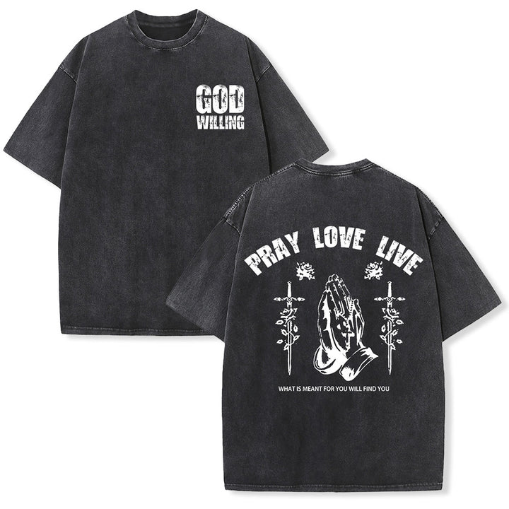 Christianartworkshop God Willing Pray Love Live Unisex Washed T-Shirt - Black - 5XL - image 3