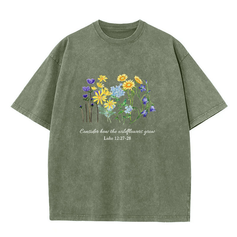 Christianartworkshop Consider How The Wildflowers Grow Unisex Washed T-Shirt - Army Green - 5XL - image 4