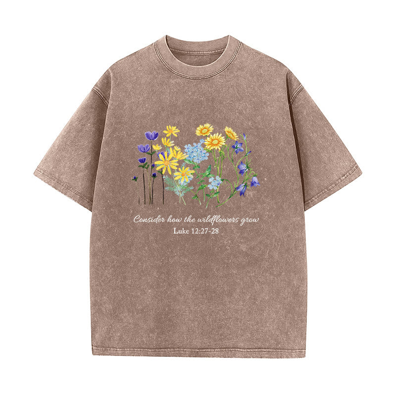 Christianartworkshop Consider How The Wildflowers Grow Unisex Washed T-Shirt - Brown - 5XL - image 5