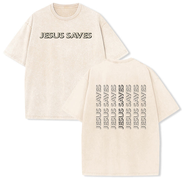 Christianartworkshop Jesus Saves Repeat Text Unisex Washed T-Shirt - Beige - 5XL - image 18
