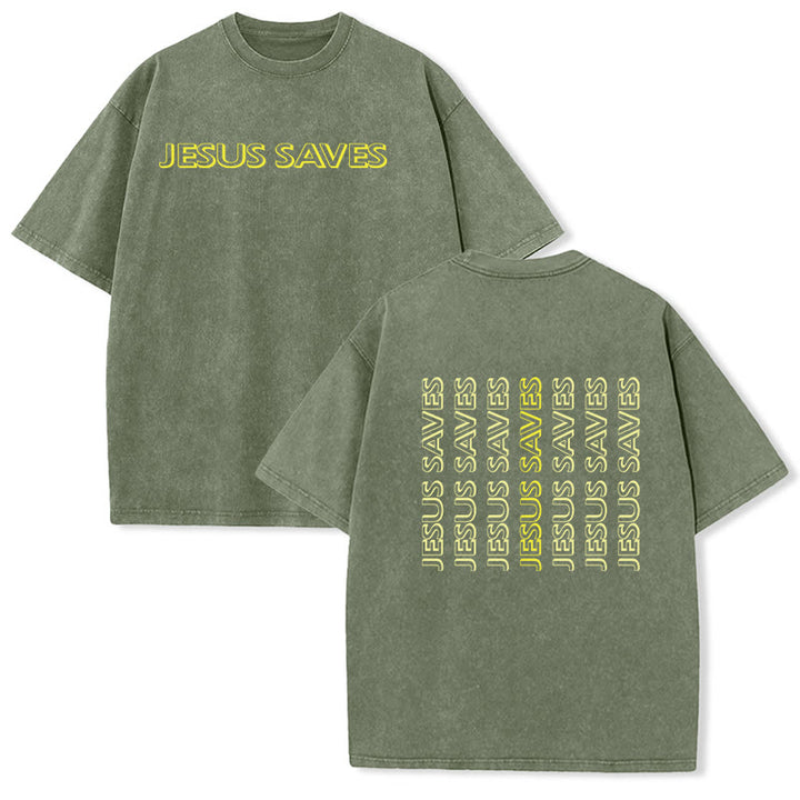 Christianartworkshop Jesus Saves Repeat Text Unisex Washed T-Shirt - Army Green - 5XL - image 12