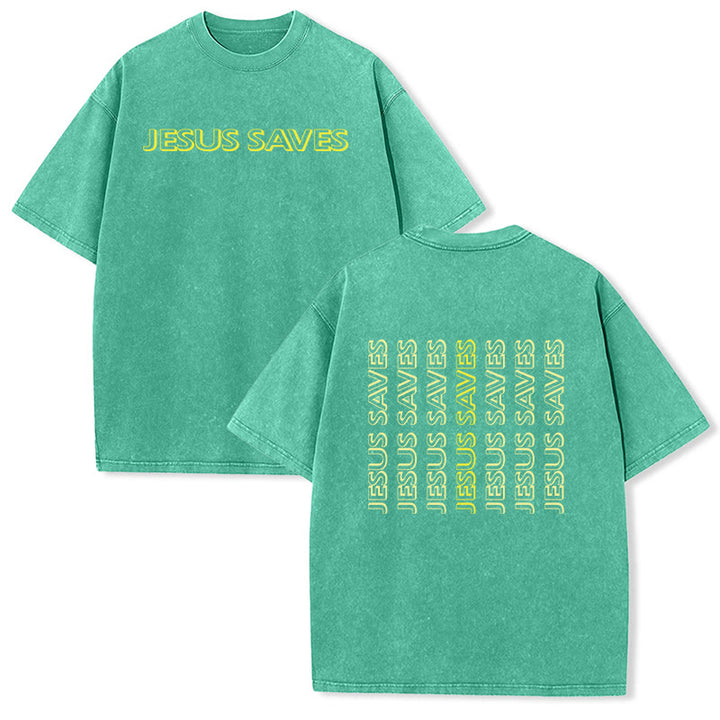 Christianartworkshop Jesus Saves Repeat Text Unisex Washed T-Shirt - Green - 5XL - image 9