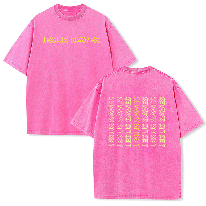 Christianartworkshop Jesus Saves Repeat Text Unisex Washed T-Shirt - Pink - 5XL - image 24
