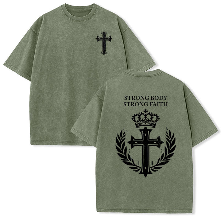 Christianartworkshop Strong Body Strong Faith Cross Crown Unisex Washed T-Shirt - Army Green - 5XL - image 9