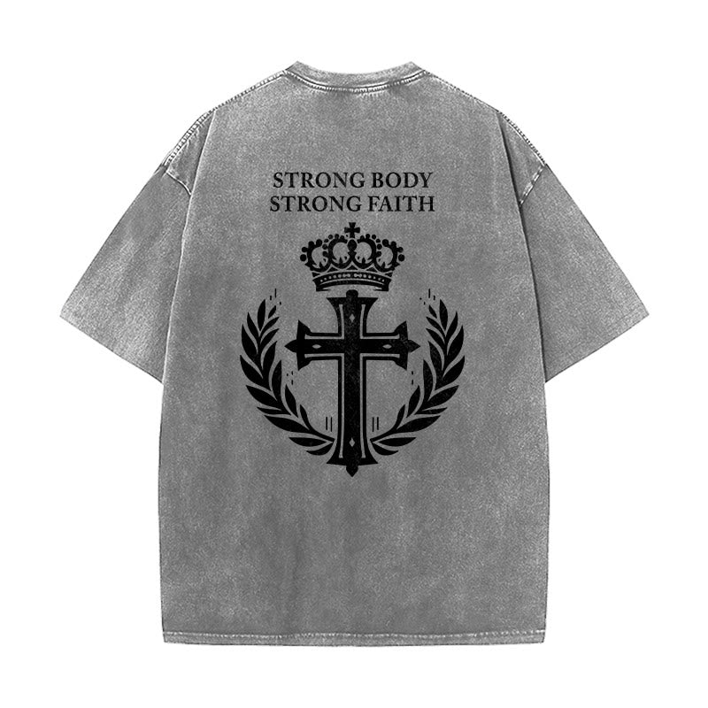 Christianartworkshop Strong Body Strong Faith Cross Crown Unisex Washed T-Shirt - image 1