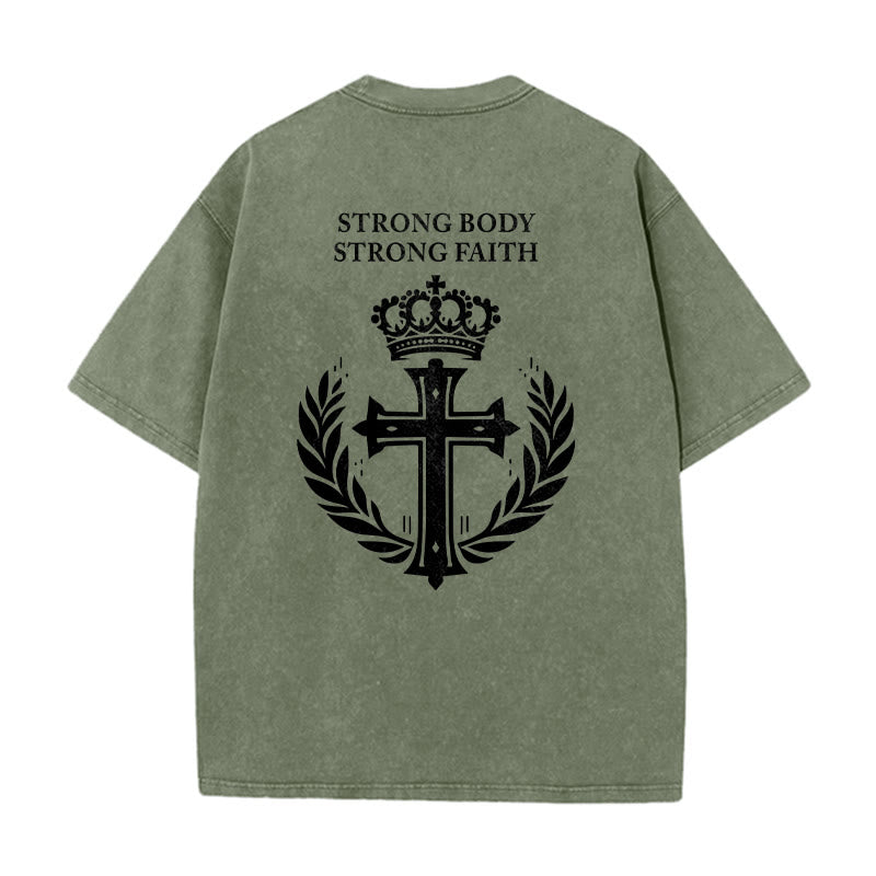 Christianartworkshop Strong Body Strong Faith Cross Crown Unisex Washed T-Shirt - image 10