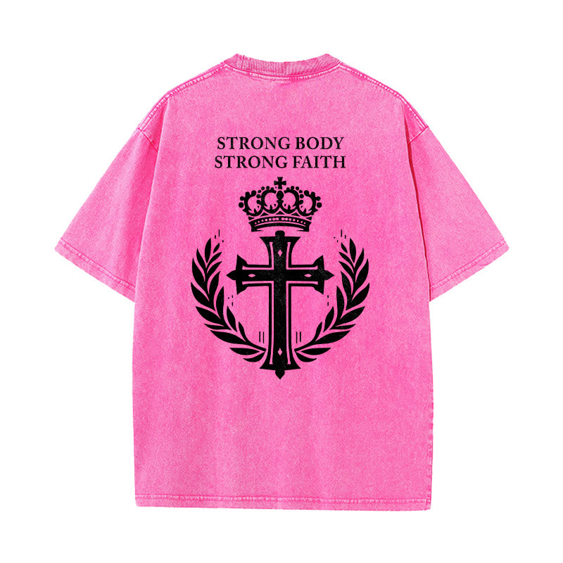 Christianartworkshop Strong Body Strong Faith Cross Crown Unisex Washed T-Shirt - image 25