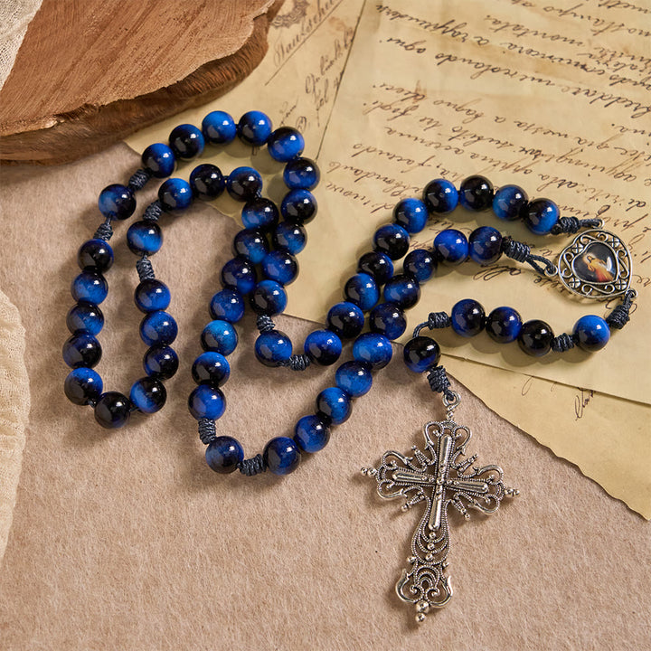 Christianartworkshop Blue Tiger Eye Rosary with Silver-Tone Crucifix: A Symbol of God’s Unshakable Strength - image 2