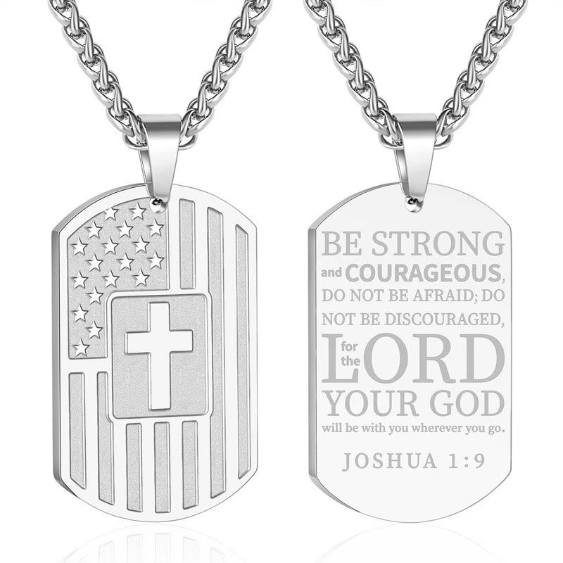 Christianartworkshop American Flag & Cross Double-Sided Scripture Necklace: A Symbol of Sacred Strength and Courage - Silver Joshua 1:9 - image 6
