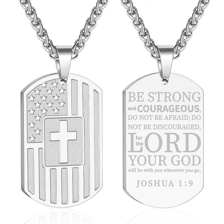 Christianartworkshop American Flag & Cross Double-Sided Scripture Necklace: A Symbol of Sacred Strength and Courage - Silver Joshua 1:9 - image 6