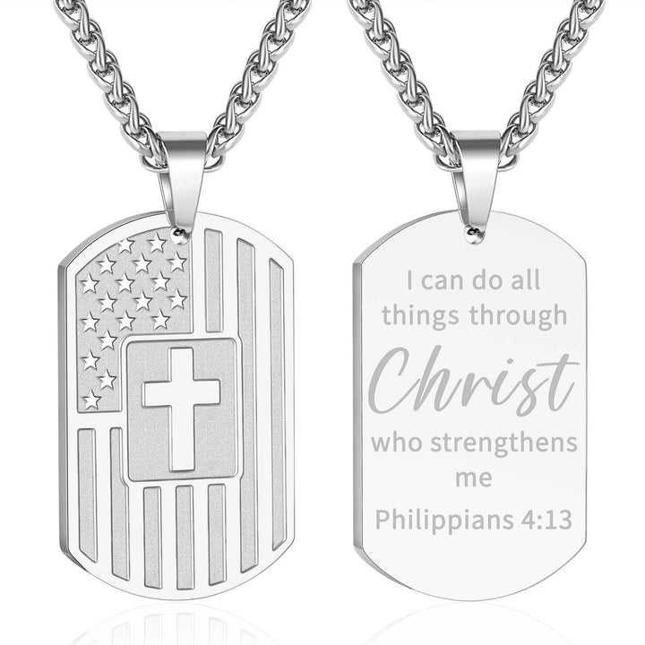Christianartworkshop American Flag & Cross Double-Sided Scripture Necklace: A Symbol of Sacred Strength and Courage - Silver Philippians 4:13 - image 20
