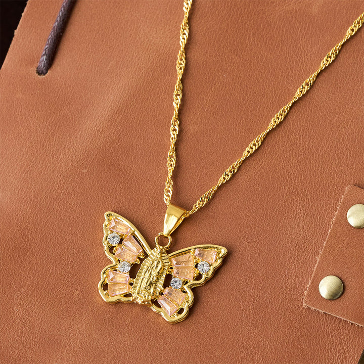 Christianartworkshop Spiritual Rebirth Butterfly Necklace: Our Lady Center & Crystal Wing Twisted Rope Chain - image 3