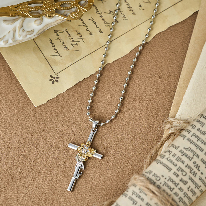 Christianartworkshop Silver-Toned Cross Pendant Necklace with Golden Floral & Leaf Detailing - image 3