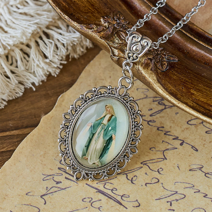 Christianartworkshop Filigree Frame Our Lady Portrait Necklace: A Symbol of Sacred Grace and Divine Light - Green - image 0