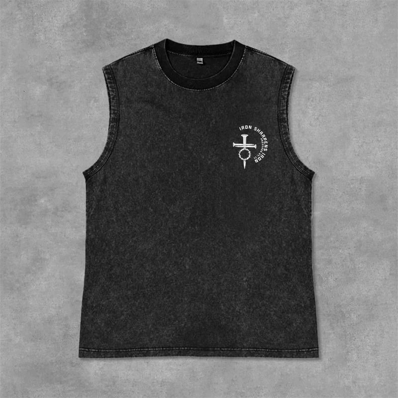 Christianartworkshop Proverbs 27:17 Nail Cross Unisex Washed Tank Top - image 6
