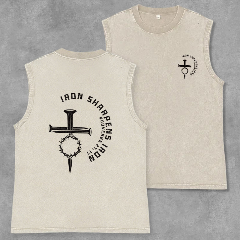Christianartworkshop Proverbs 27:17 Nail Cross Unisex Washed Tank Top - Beige - 2XL - image 14