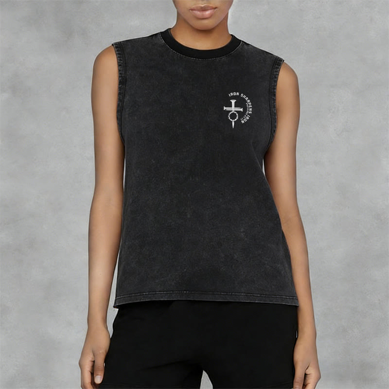 Christianartworkshop Proverbs 27:17 Nail Cross Unisex Washed Tank Top - image 4
