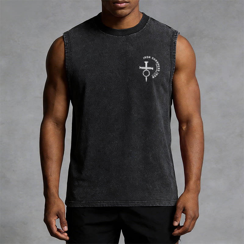 Christianartworkshop Proverbs 27:17 Nail Cross Unisex Washed Tank Top - image 2