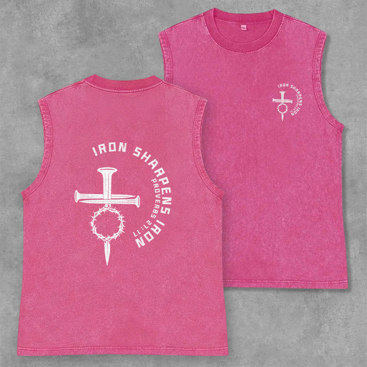 Christianartworkshop Proverbs 27:17 Nail Cross Unisex Washed Tank Top - Pink - 2XL - image 21