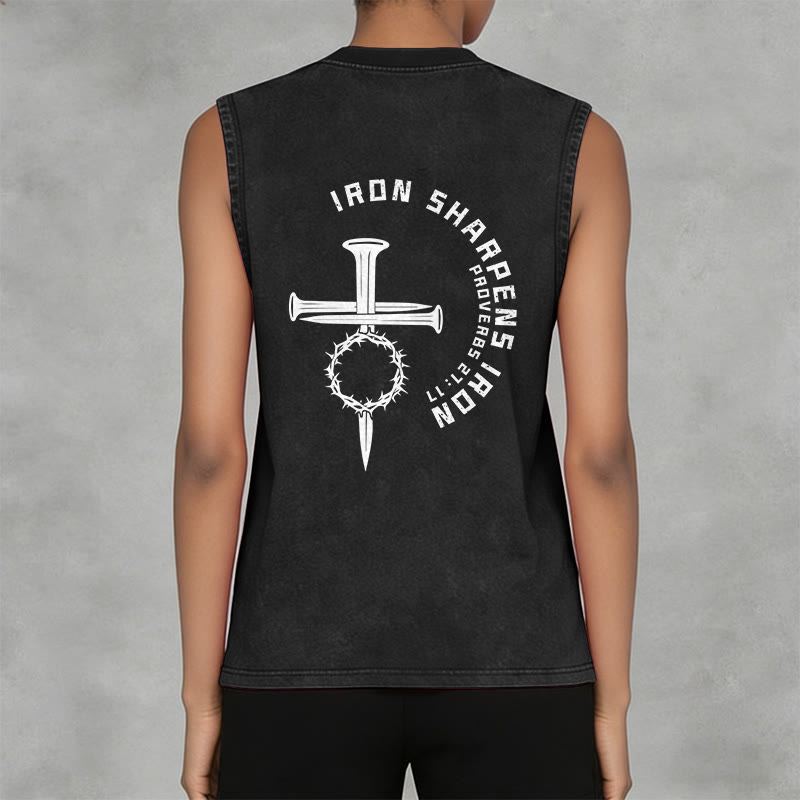 Christianartworkshop Proverbs 27:17 Nail Cross Unisex Washed Tank Top - image 3