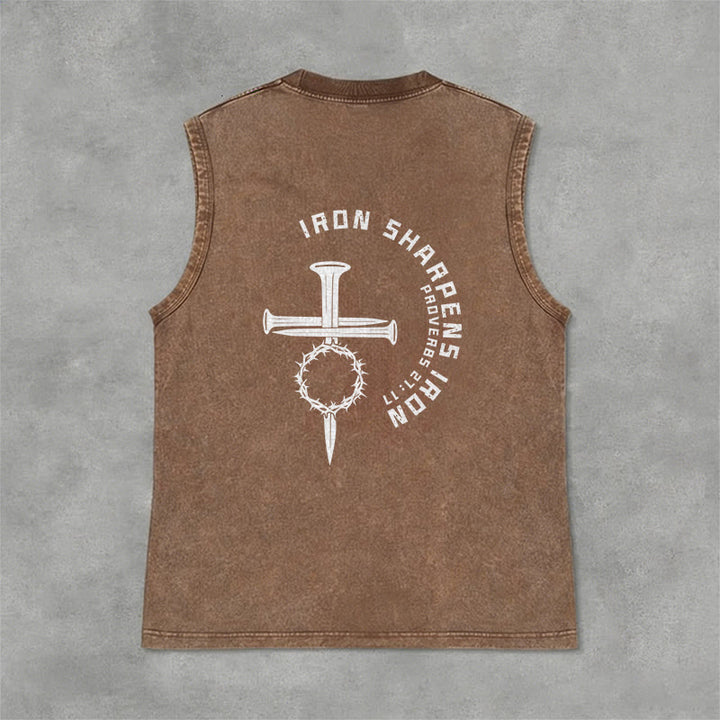 Christianartworkshop Proverbs 27:17 Nail Cross Unisex Washed Tank Top - image 33