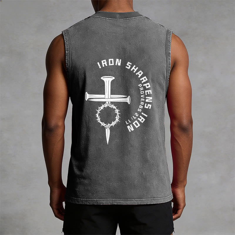 Christianartworkshop Proverbs 27:17 Nail Cross Unisex Washed Tank Top - image 8