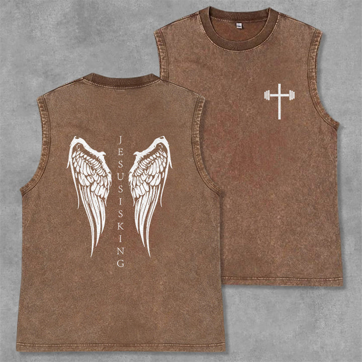 Christianartworkshop Jesus Is King Angel Wings Washed Tank Top - Brown - 2XL - image 28