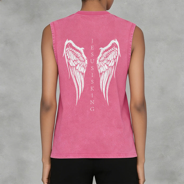 Christianartworkshop Jesus Is King Angel Wings Washed Tank Top - image 24