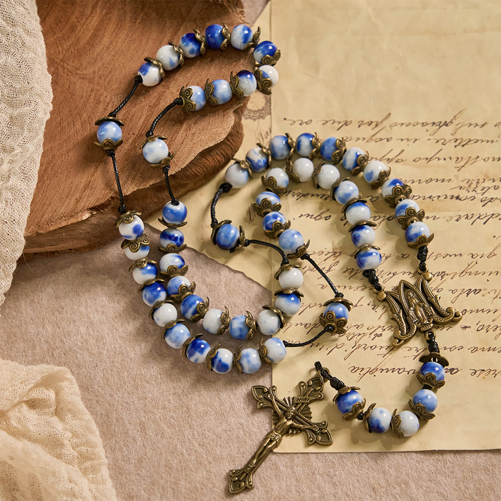 Christianartworkshop Blue and White Beaded Rosary with Miraculous Medal: A Token of Heavenly Intercession - image 5