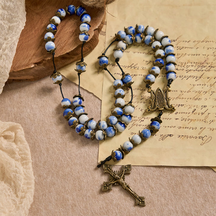 Christianartworkshop Blue and White Beaded Rosary with Miraculous Medal: A Token of Heavenly Intercession - image 2