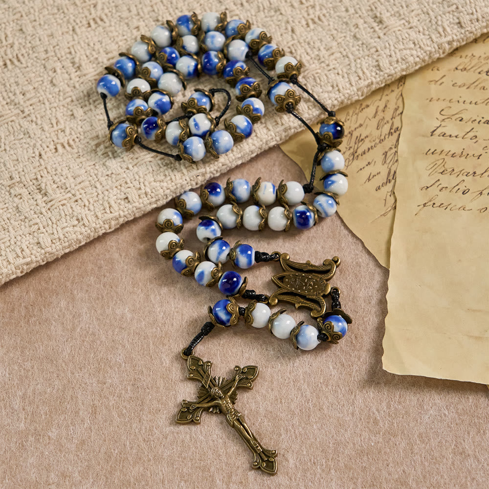 Christianartworkshop Blue and White Beaded Rosary with Miraculous Medal: A Token of Heavenly Intercession - image 3