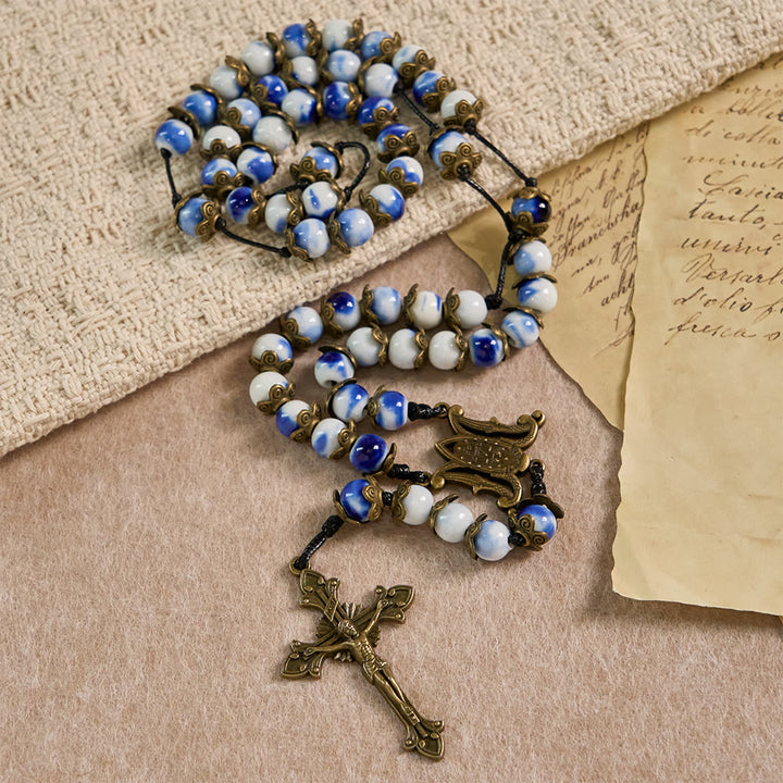 Christianartworkshop Blue and White Beaded Rosary with Miraculous Medal: A Token of Heavenly Intercession - image 3